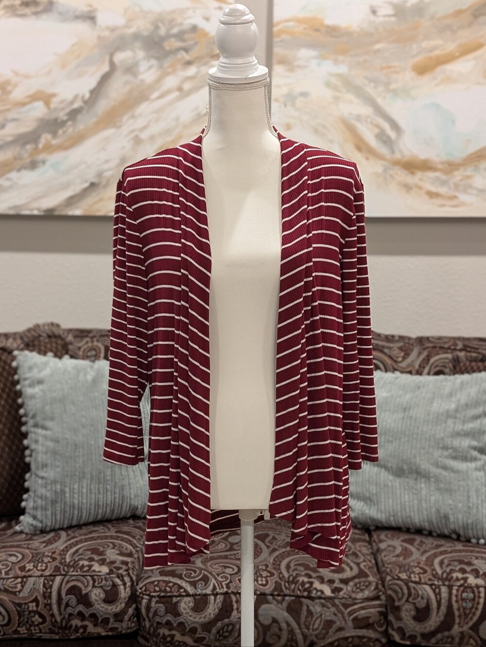 Striped Open-Front Women’s Cardigan - Burgundy